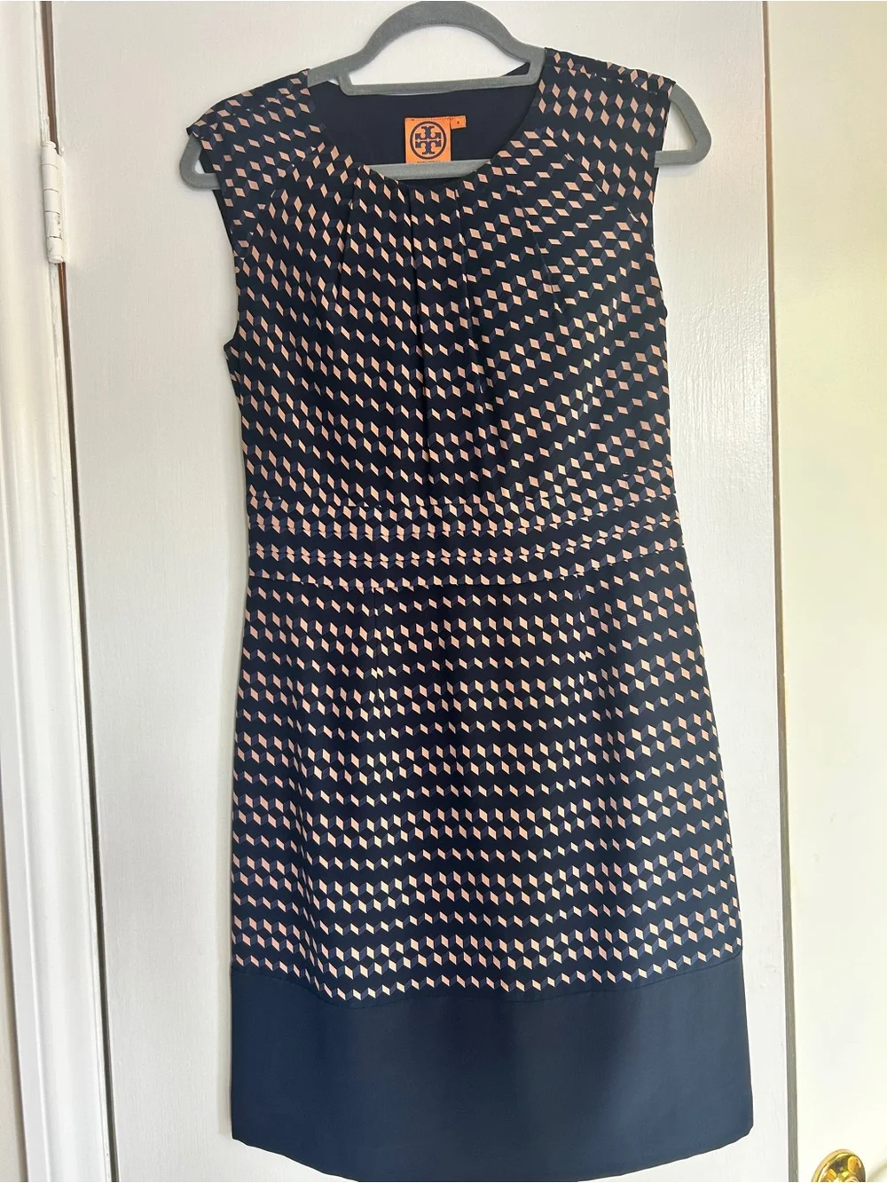 Tory Burch Marlowe Silk Navy Sheath Dress Peach/Blush Geometric Print, sz 4